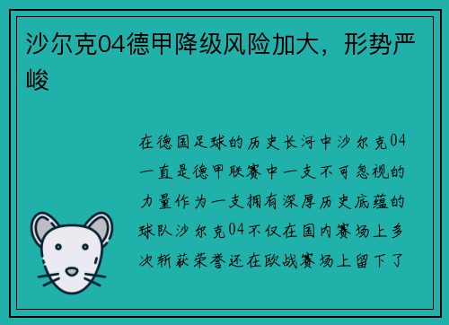 沙尔克04德甲降级风险加大，形势严峻
